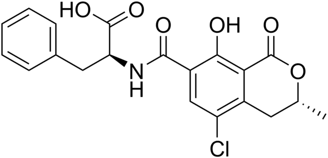 Chemical formula for Ochratoxin A, C20H18ClNO6