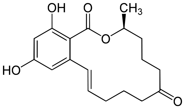 Chemical formula for Zearalenone, C18H22O5