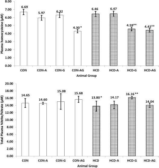 Influence of orally supplemented arginine and glycine on the concentrations of homocysteine and NO in plasma of hypercholesterolemic rats. (Ravula Venkatesh, <i>et al</i>, 2017)